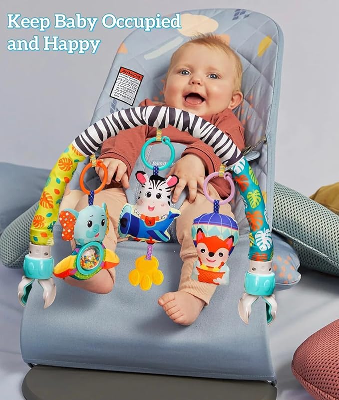 Baby Stroller Arch Mobile With Universal Clamps - Clip-On Activity Bar for Bassinet, Bouncer, Crib, Car Seat - Musical Infant Toys With Elephant Squeaker and Zebra Rattle