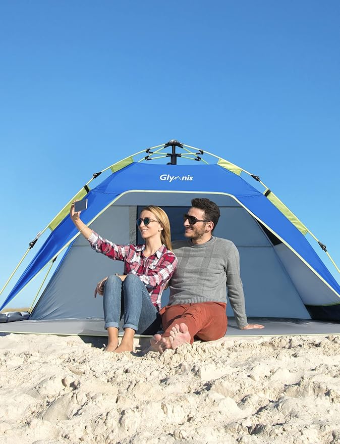 Glymnis Pop Up Beach Tent Sun Shade Shelter for 3-4 Person with UPF 50+, Lightweight & Easy Setup, Vent Windows & Zippered Door, Extended Floor Family Instant Beach Tent