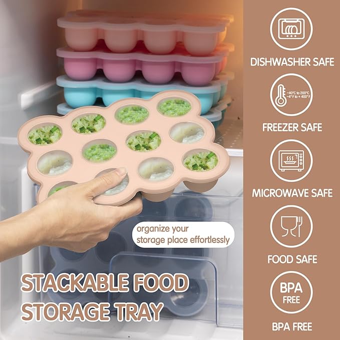 Baby Food Storage 12 x 1.5OZ Silicone Freezer Tray with Lid, Food Grade Silicone Containers for Purees & Vegetables Light Brown