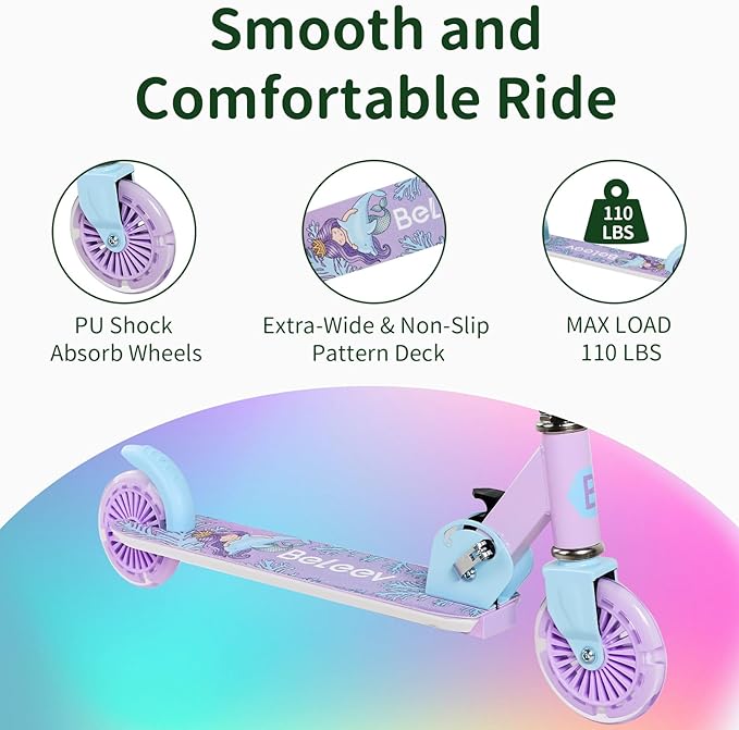 BELEEV V2 Scooters for Kids with Light-Up Wheels & Stem & Deck, 2 Wheel Folding Scooter for Girls Boys, 3 Adjustable Height, Non-Slip Pattern Deck, Lightweight Kick Scooter for Children Ages 3-12