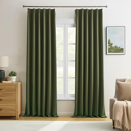 KEQIAOSUOCAI Olive Pinch Pleated Curtains 108 Inches Long, Blackout Energy Saving Curtain for Living Dining Room Light Blocking Window Draperies(Dark Olive,40x108,2 Panels)
