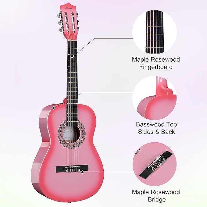 ADM Beginner Acoustic Classical Guitar 36 Inch Nylon Strings Wooden Guitar Bundle Kit for Kid Boy Girl Student Youth Guitarra Online Lessons with Gig Bag, Strap, Tuner, Strings, Picks, Pink