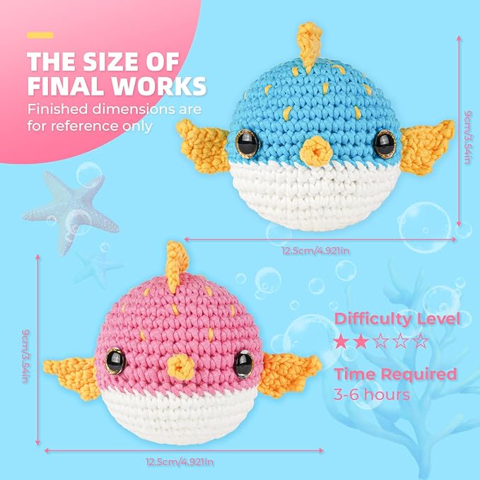Crochet Kit for Beginners, Learn to Crochet, Include Easy Knitting Soft Yarn, Step-by-Step Video Tutorial, Hook, Holiday Birthday Gift for Adults and Kids(2 Pack Blowfish)