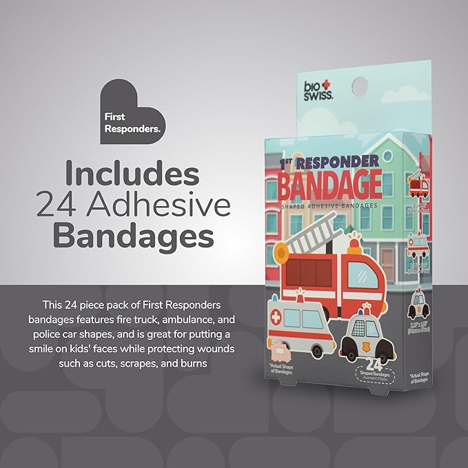 BioSwiss Bandages, First Responders Shaped Self Adhesive Bandage, Latex Free Sterile Wound Care, Fun First Aid Kit Supplies for Kids and Adults, 24 Count