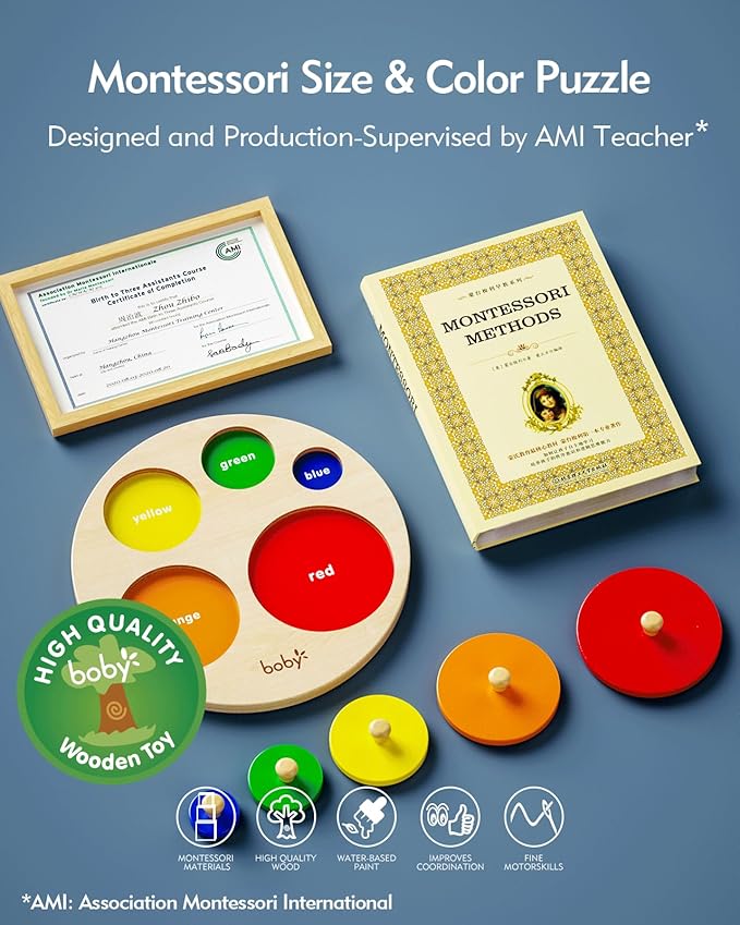 Boby Montessori Multiple Circle Puzzle Board, Knob Wooden Puzzle, Geometric Shape Puzzle Early Education Material Sensorial Toy for Toddler Shape & Color Sorter (Multiple Circle Puzzles)