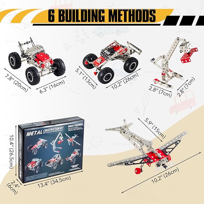 6-in-1 STEM Kit - Engineering Metal Truck, Airplane and Sports Car Excavator Toy for Boys 8-12 - STEM Building Toys for Kids 5-7, 6-8, 8-10 Educational Toys for Kids Boys Model Kit