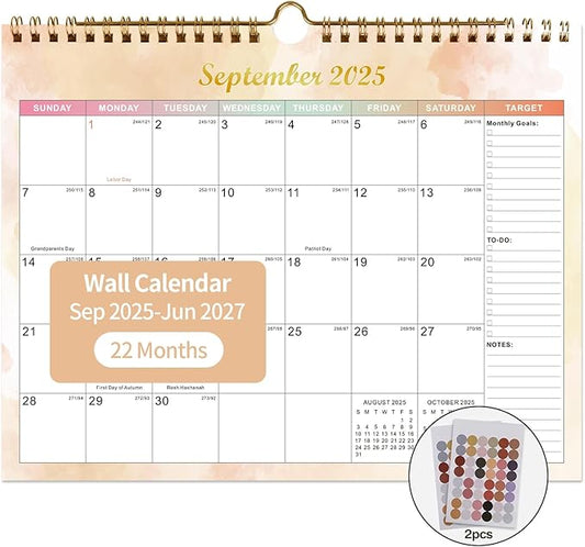 Calendar 2025-2027 22 Monthly Wall Calendar Runs from September 2025 until June 2027 Spiral Binding Hanging 11.5" x 14.7" Thick Paper with Julian Dates and Block for School Office（Colorful）