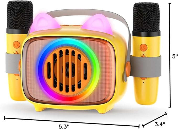 BIGASUO Karaoke Machine for Kids, Mini Portable Bluetooth Speaker with 2 Wireless Microphones and LED Lights, Kids Toys Ideal Gifts for Girls & Boys Birthday Home Party Yellow-2Pack