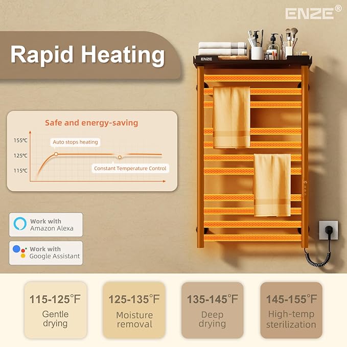 ENZE Heated Towel Rack with Shelf and Wi-Fi App Control, 11 Bars Electric Wall Mounted Towel Warmer with Timer & Adjustable Temperature, Low Carbon Steel, Plug-in/Hardwired, Matte Black