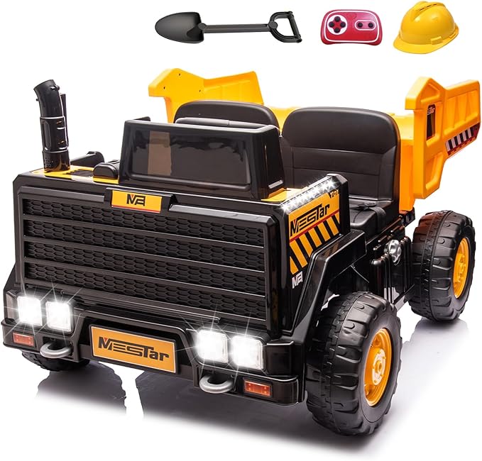 24V Ride On Dump Truck, 24inch-2 Seater Ride On Car for Kids w/Remote Control 4WD/2WD Up to 5 Mph, 24v Ride on Toys for Big Kids w/Electric Dump Bed Extra Shovel Traffic Cones (Yellow)