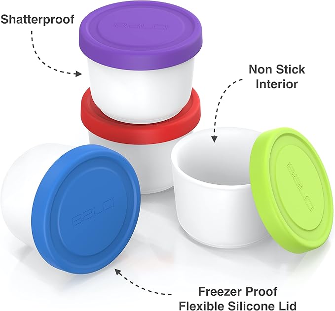 BALCI - 8oz Mini Ice Cream Containers with Silicone Lids (Set of 4) - Freezer Food Storage Containers, Reusable, LeakProof, For Homemade IceCream Containers - Blue, Red, Green, Purple