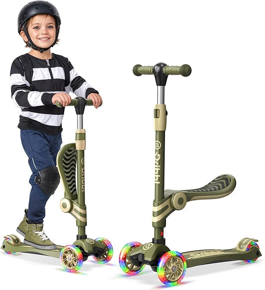 Army 3 Wheel Scooter with Seat for Kids – Light-Up LED Wheels, Adjustable Handlebar and Seat, Smooth PU Wheels, Wide Anti-Slip Deck, Rear Foot Brake – Toddler Outdoor Toys for Ages 2+