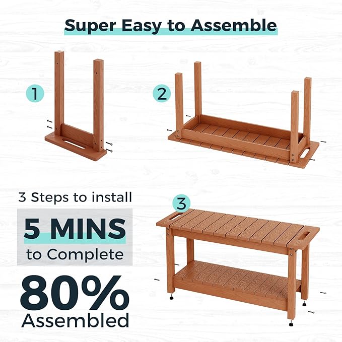 35" Shower Bench, Waterproof Poly Lumber Shower Stool for Shaving Legs, Shower Chair Seat Holds up to 400lbs, Bathroom Bench for Inside Shower, Non-Slip (Brown)