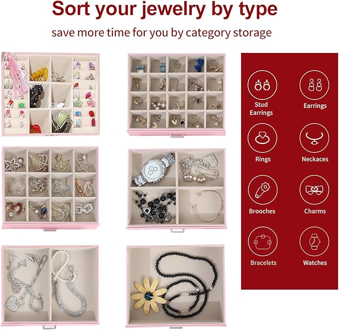 BOOVO Jewelry Box For women, 6 Layer Large Jewelry Organizer With Mirror, Multi-Function Storage Box With Lock, Accessory Holder With 5 Drawers, For Earrings Necklace Ring Bracelet (Pink)