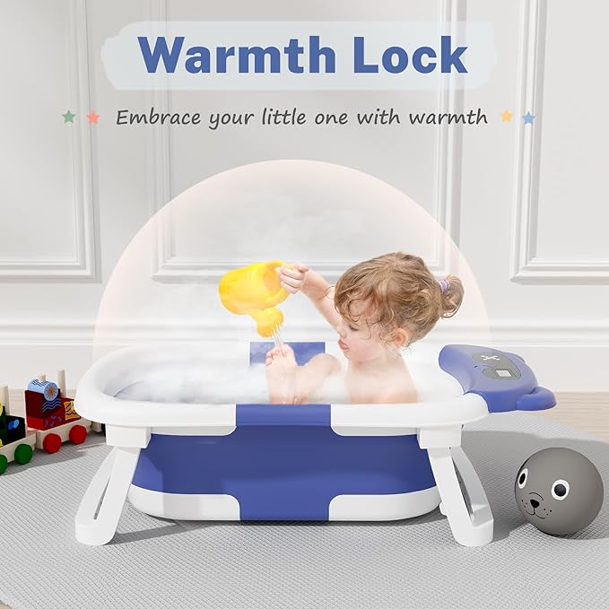 AVIDOR Baby Bathtub,Collapsible Bathtub for Newborn to Toddler,Durable Essential Infant Bath Tub,Portable Travel Baby Bathtub with Soft Cushion,No-Slip Hanging and Detachable Bathtub(Navy Blue)