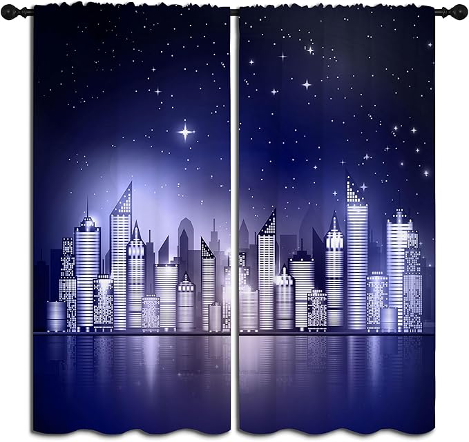 City Rod Pocket Blackout Curtains for Boy Girl Bedroom, New York Skyline Modern City Starry Sky Night View Thermal Insulated Home Window Drapes for Living Room Darkening, 55x63 inch