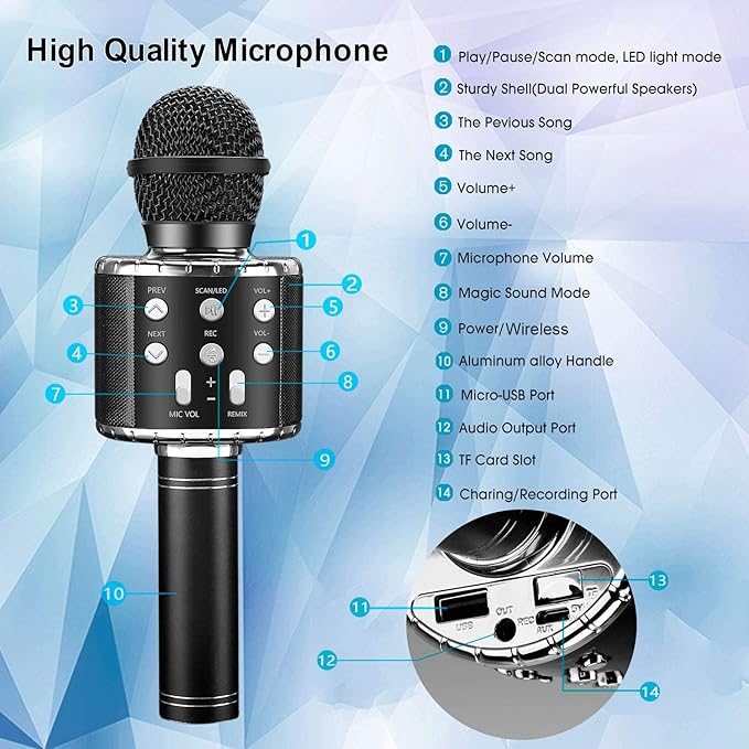 BlueFire 4 in 1 Karaoke Wireless Microphone with LED Lights, Portable Microphone for Kids, Great Gifts Toys for Kids, Girls, Boys and Adults (Black)