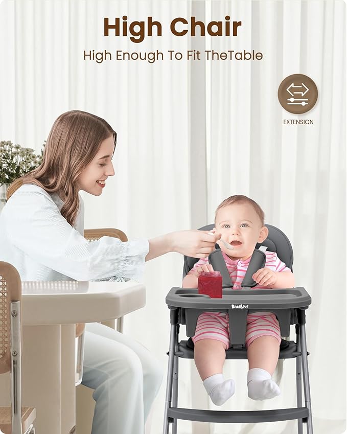 Foldable High Chair, High Chairs for Babies and Toddlers, Dining Chairs and Eating Chair with Adjustable Tray and 5 Point Harness for Infant, Gray