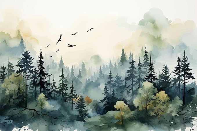 Green Watercolor Forest Wallpaper Woodland Nature Landscape Wall Mural for Living Room Bedroom Dining Room Office(Not Self-Adhesive)