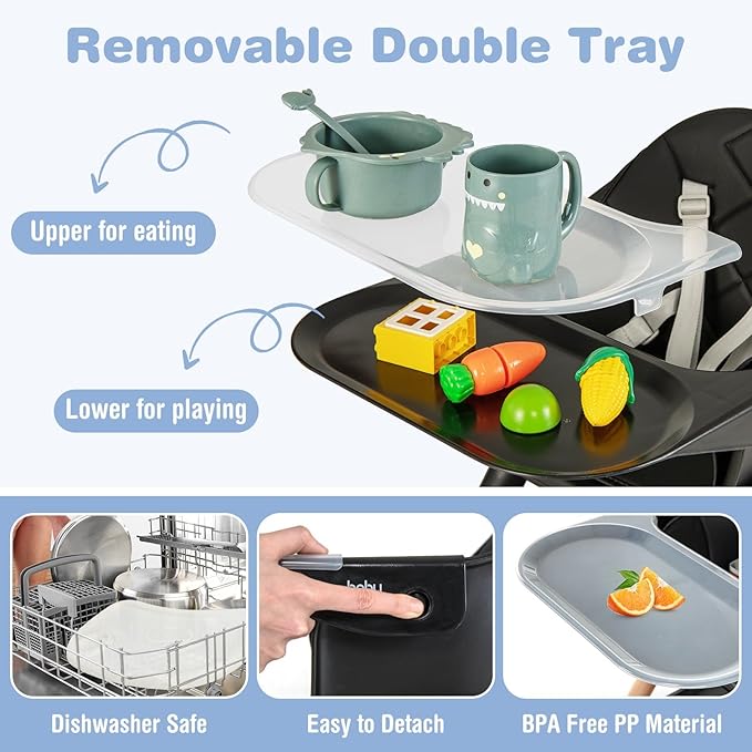 BABY JOY Baby High Chair, 6 in 1 Convertible Wooden High Chair for Babies & Toddlers with Adjustable Legs, Double Removable Tray, Safety Harness & Waterproof PU Cushion (Black)