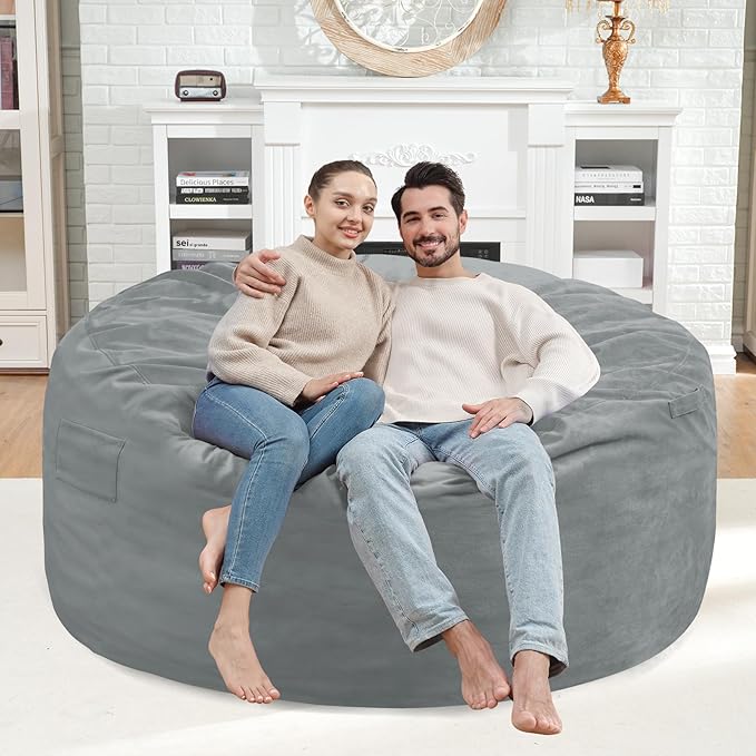 4FT Bean Bag Chair, Large Bean Bag Chairs with Memory Foam Filled, Fluffy Beanbag Sofa with Dutch Velvet Cover, Round BeanBag Chairs for Living Room, Playroom - Light Grey