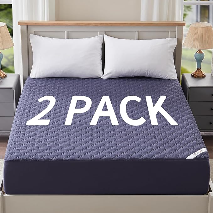 2 Pack Waterproof Mattress Protector, Full Size Mattress Pad with Deep Pocket 6"-15" Depth, Soft Breathable Dirt-Proof Single Bed Mattress Cover for Bedroom, Dorm Room (Navy Blue)