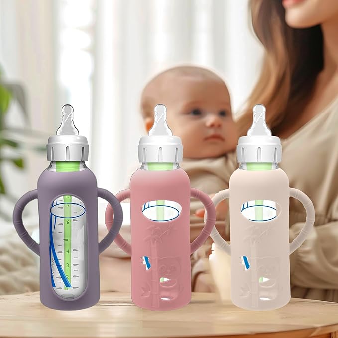 BUSOHA 3 Pack Silicone Sleeves for Dr Brown Glass Baby Bottles - Drop Protection Baby Bottle Sleeves,Compatible with Dr. Brown's Newborn Glass Bottles,with Silicone Handles,8 oz