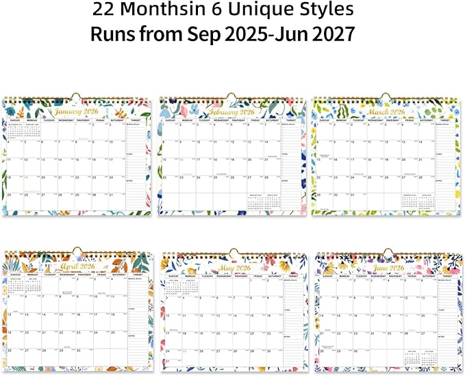 Calendar 2025-2027 22 Monthly Wall Calendar Runs from September 2025 until June 2027 Spiral Binding Hanging 11.5" x 14.7" Thick Paper with Julian Dates and Block for School Office（Flower）