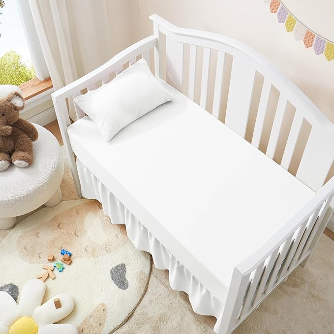 Horbaunal 2 Pack Crib Skirt & Crib Bed Sheet Set, White Crib Bed Skirt 28" x 52" with 14" Drop Dust Ruffle, Soft Microfiber Toddler Bedskirt Nursery Bedding Skirt for Baby Girls and Boys