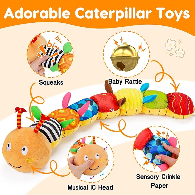 Baby Sensory Caterpillar Toys 0-3 Month Music Animal Stuffed Plush Toy for Infant 0-3-6-12 Month Tummy Time with Crinkle Rattle for Newborn 9-12 Month Texture Toy for Boy Girl Birthday Shower 1