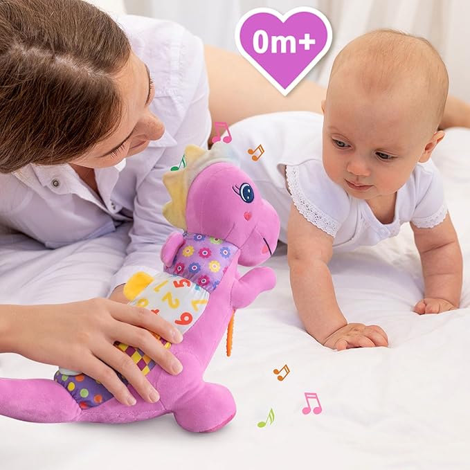 Baby Dino Plush Soft Stuffed Animal Toy for 0-3-6-12+ Months,Infant Musical Toy with Rattle,Squeaker,Sensory Crinkle,Teether & Textures,Toys for Christmas Baby Gift for Newborn Girl Boy (Purple)