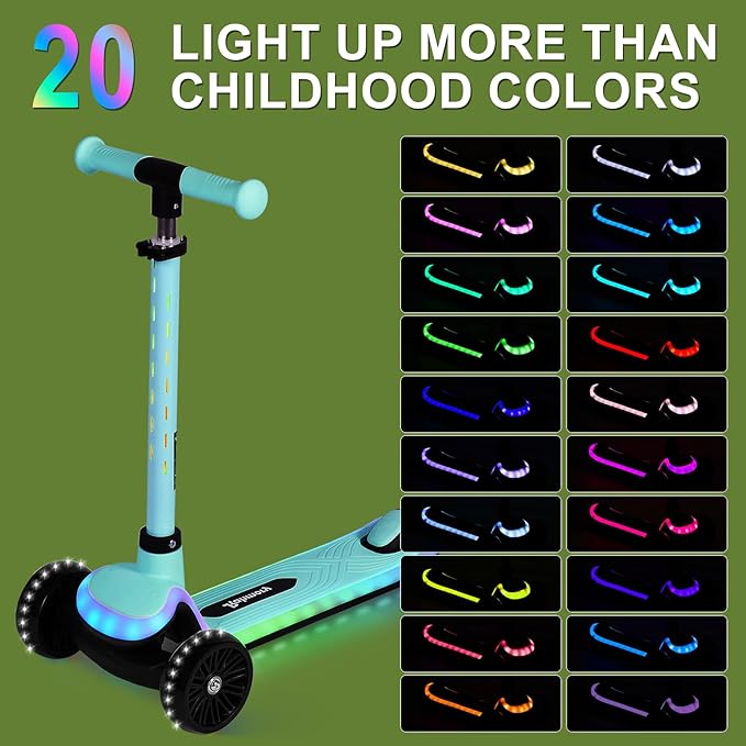 3-Wheel Light-Up Kids Scooter, 20 Different Light Patterns,Three Adjustable Heights,Lean to Steer, Balance Scooter for Ages 3-8