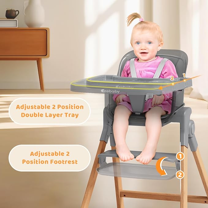 Ezebaby Foldable Wooden High Chairs, 3-in-1 Convertible Baby High Chair, Dining Booster Seat, Toddler Chair, Easy Clean High Chairs for Babies and Toddlers with Large Adjustable Tray- Transparent Gray