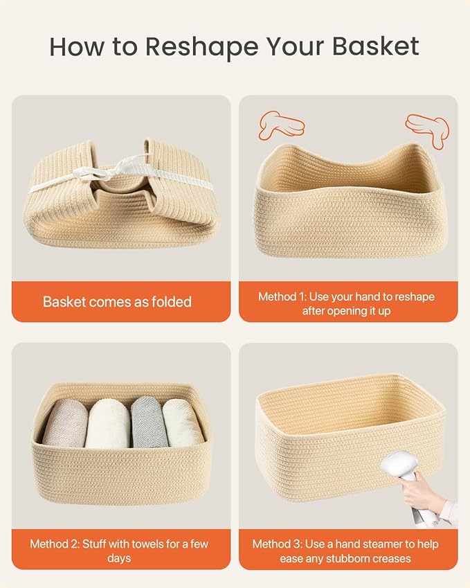 KALLAX Small Woven Basket, 13.5 x 9.5 x 5 Inches, Storage Basket for Organizing, Cute Small Rope Shelf Closet Cube Storage Bins Baskets for Shelves, Dog Toy Gift Baskets Empty, 3 Packs, Beige