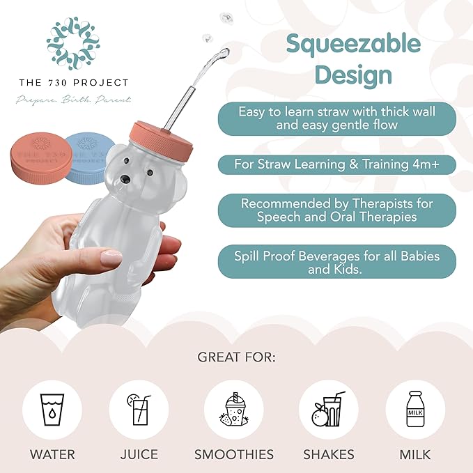 Honey Bear Straw Cup for Babies, 2-Pack Honey Bear Bottle with Travel Lid, Therapy Learning Honeybear Straw Cup, Baby Bottle Set, 8 oz, Blueberry Pie & Firetruck