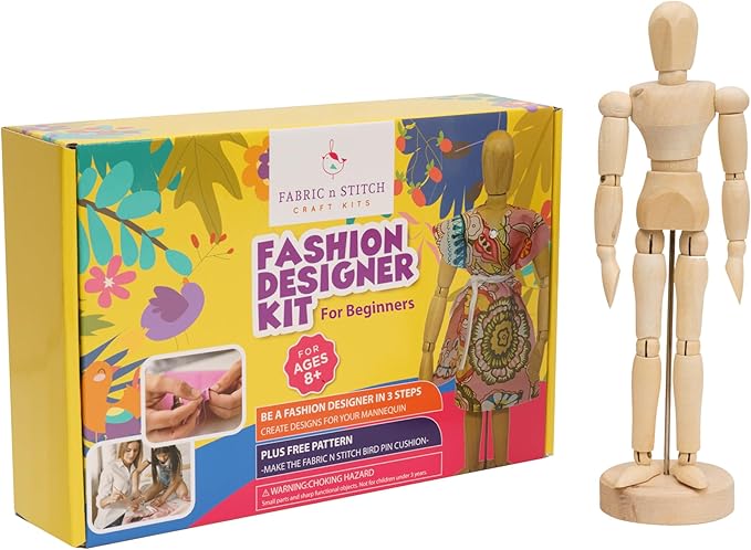 Fashion Designer Kits for Girls Ages 8+ Beginners Learn About Patterns, Draft & Re-Design Patterns, Sew & Be A Fashion Designer for The 8.5 in. Wood Mannequin. Sewing Kits for Kids 8-12
