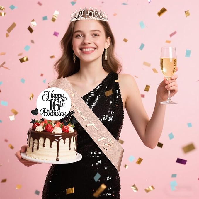 16th Birthday Decorations for Girls - 56pcs Rose Gold Happy 16th Banner, 16th Birthday Crown Sash, Cake Topper, Number 16 balloons, 3D Butterflies, 4 Balloon Stands kits