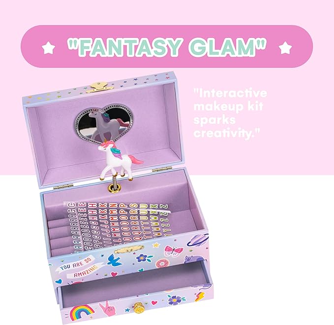 Jewelkeeper Musical Jewelry Box with Alphabet Sticker - Personalize with Names - with 1 Pullout Drawer and Spinning Unicorn Doll - Beautiful Dreamer Tune - Ideal for Kids 5 and Up - 5.37"Lx7.25"Wx4"H