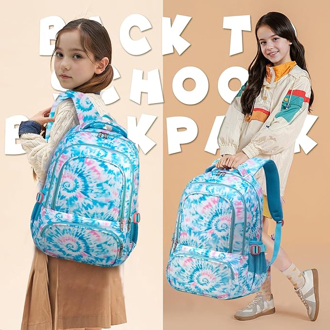 BLUEFAIRY Kids Backpack for Girls Elementary Primary Middle School Bags for Aged 8-10 for Teens Childs Bookbags Back to School Book Bags Mochilas para Niñas de 6 7 8 9 10 Años Tie-dye Blue