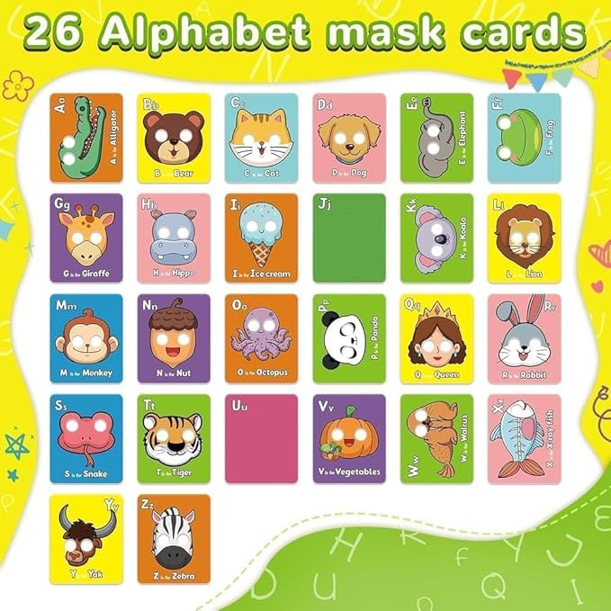 Alphabet ABC Flash Cards with Animal Masks, 26 Pcs Animal mask Alphabet Cards, Interactive Education Games, Learn Letters, English Phrases(Colorful)