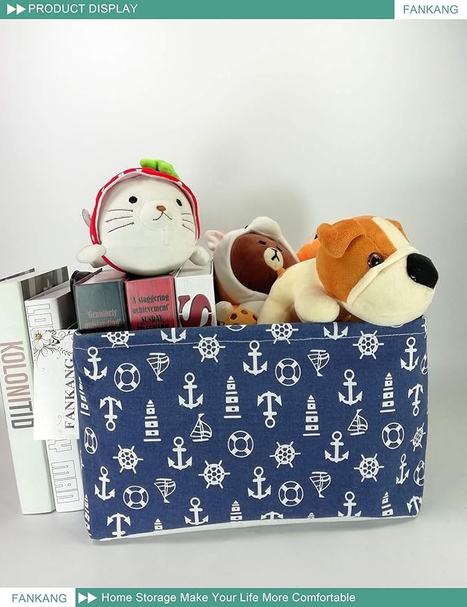 FANKANG Storage Basket,Nursery Hamper Canvas Laundry Basket Foldable with Waterproof PE Coating Storage, Office, Bedroom, Clothes,Toys (Rec-Sailboat)