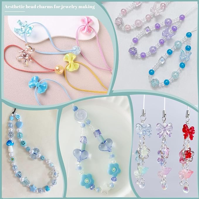 Assorted 180-240PCS Acrylic Beads for Bracelet Making, Bow Butterfly Candy Heart Gummy Bear Kawaii Aesthetic Bracelet Charms,Cute Beads for Jewelry Making DIY Necklace Keychain Phone Charm