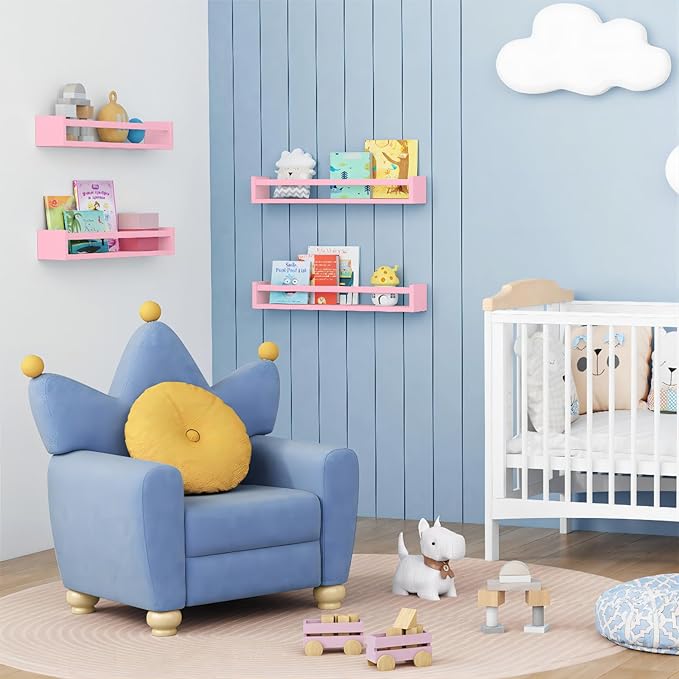 Forbena Large Pink Kids Book Shelves for Girls Room Wall Set of 4, Floating Nursery Book Shelf for Baby Girl Deocr, 24 Inches Long Wall Mounted Bookshelf for Toddler Kid Child Teens Bedroom (Pink)
