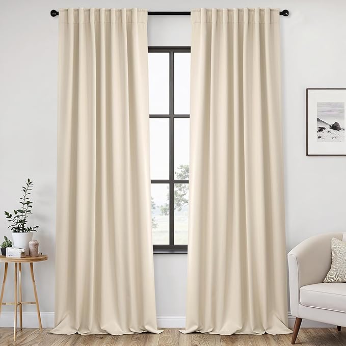 ANRODUO Back Tab Blackout Curtains for Bedroom Living Room, Rod Pocket Pinch Pleated Thermal Insulated Room Darkening Curtains 102 Inches Long 2 Panels, Cream Beige, 52 x 102 Inch
