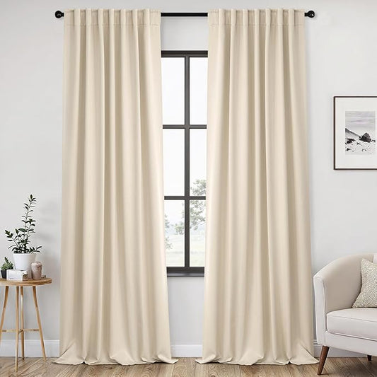 ANRODUO Back Tab Blackout Curtains for Bedroom Living Room, Rod Pocket Pinch Pleated Thermal Insulated Room Darkening Curtains 102 Inches Long 2 Panels, Cream Beige, 52 x 102 Inch
