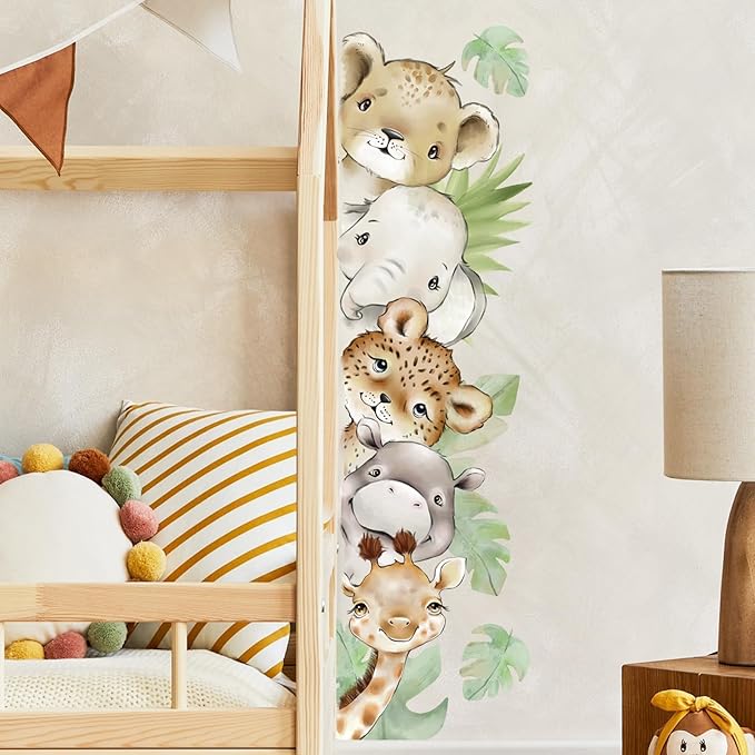 55.12 x 15.75 InchWatercolor Jungle Animal Wall Decals Tiger Elephant Zebra Giraffe Hippo Forest Wall Stickers Removable Peel and Stick Stickers for Baby Nursery Playroom Bedroom Classroom