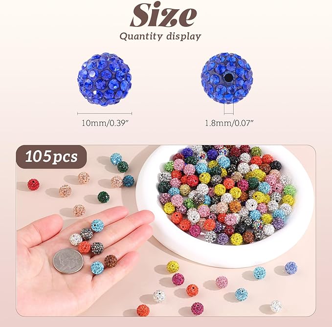 105pcs 10mm Rhinestone Beads for Jewelry Making, Gray Shiny Round Disco Ball Beads Bulk, Sparkle Crystal Clay Christmas for Bracelet Baseball Necklace Earring Crafting and DIY