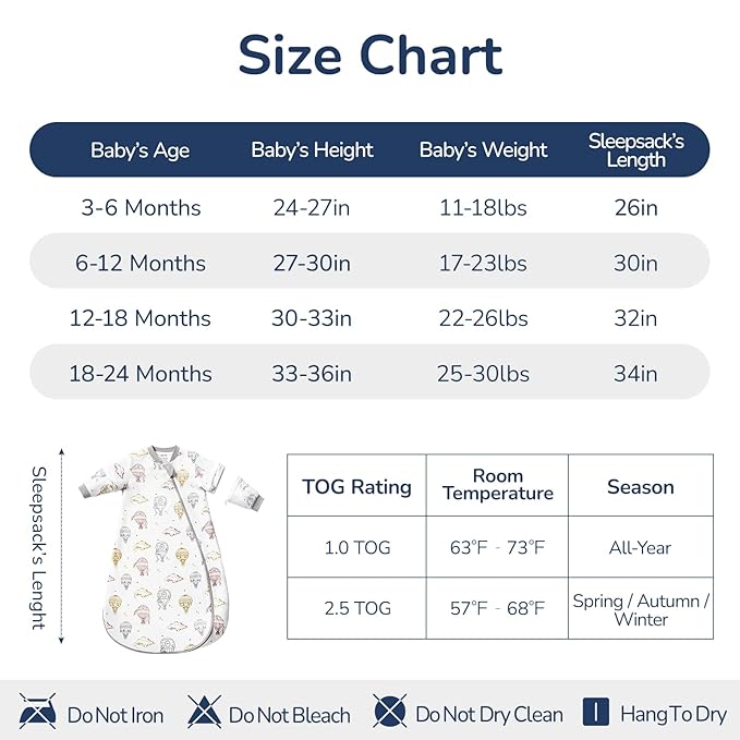 Baby Sleep Sack 3-6 Months, Cotton Detachable Long Sleeve Sleep Sack, 1.0 Tog Toddler Sleeping Sack with Temperature Strips, 2-Way Zipper Wearable Blankets for Newborns, Hot Air Balloon
