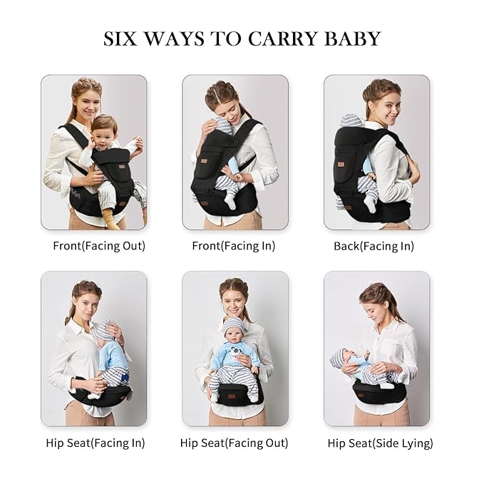 Baby Carrier with Hip Seat, Baby Carrier Newborn to Toddler, 6-in-1 Ways to Carry, All Seasons, Adjustable Baby Holder Carrier for Breastfeeding(Black)