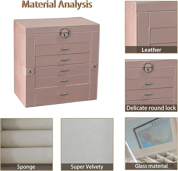 BOOVO Jewelry Box For women, 6 Layer Large Jewelry Organizer With Mirror, Multi-Function Storage Box With Lock, Accessory Holder With 5 Drawers, For Earrings Necklace Ring Bracelet (Rose Gold)